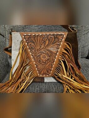 Handcrafted Brown Tooled Leather Fringe Crossbody Bag